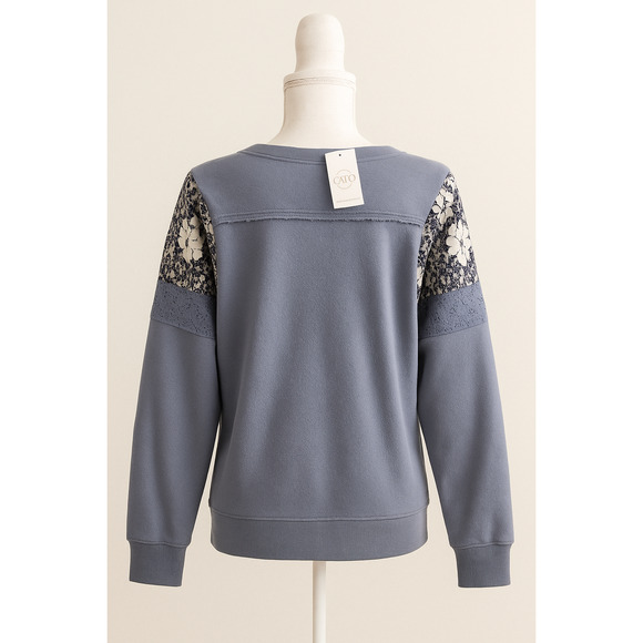 Cato L NWT Floral Lace Panel Sweatshirt Blue Cozy Winter Top Soft Chic Pullover - Picture 2 of 12